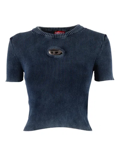 Diesel Ribbed Knit Oval Cut-out Short-sleeve Top In Blue