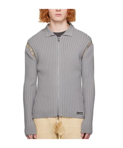 Diesel Ribbed-knit Zipped Cardigan In Grey