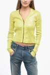 Diesel Ribbed M-gria Cardigan With Metallic Finish And Hook-and-eye In Yellow