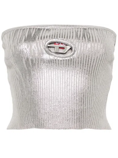 Diesel Ribbed Metallic Strapless Top In Silver