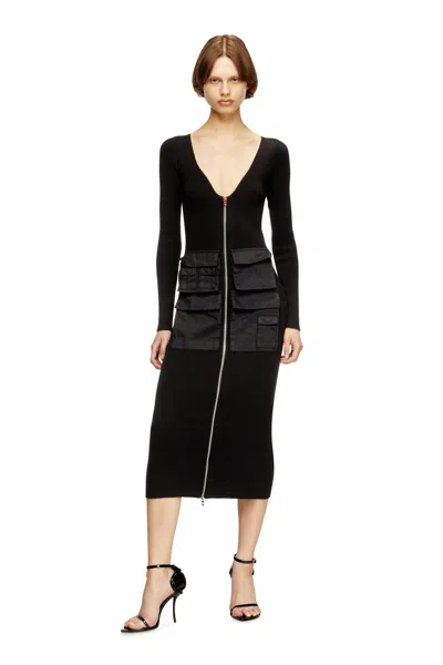 Diesel Ribbed Midi Dress With Cargo Pockets In Black