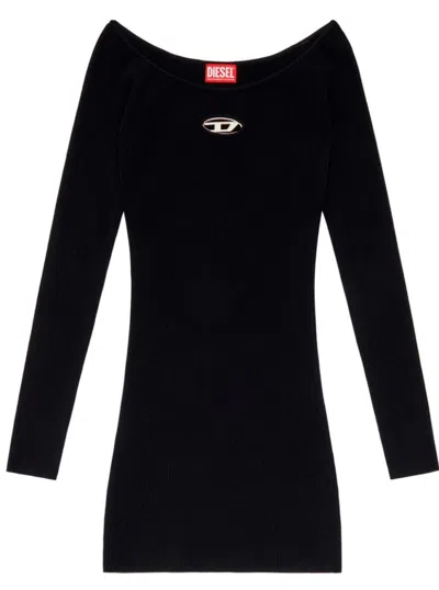 Diesel Ribbed Off-the-shoulder Dress With Logo Detail In Black