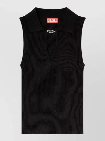 Diesel Ribbed Polo Tank Top V Neckline In Black