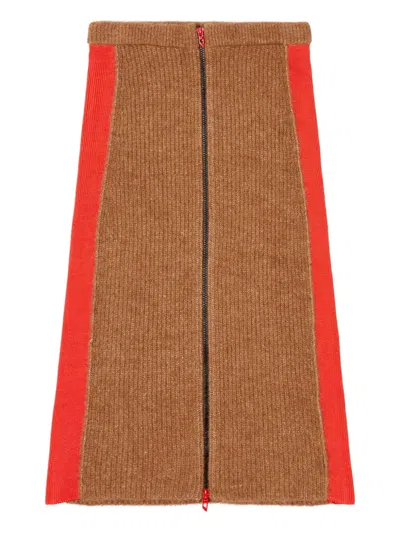 Diesel Ribbed Side-stripes Zip-front Midi Straight Skirt In Brown