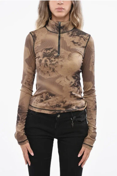 Diesel Ribbed T-claudy Top With Floral Motif In Brown