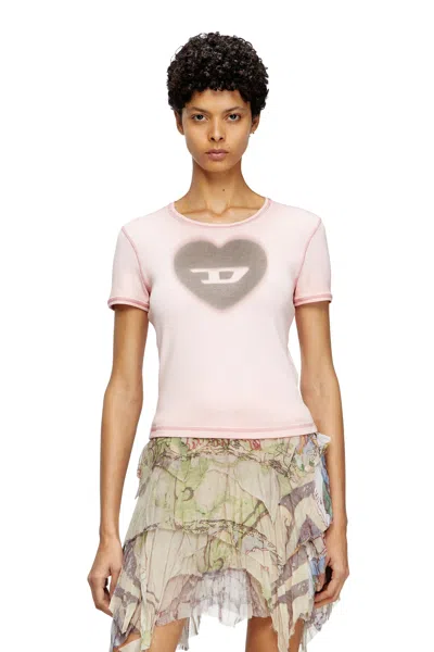Diesel Ribbed T-shirt With Watercolour Heart D In Pink
