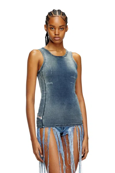 Diesel Ribbed Tank Top With Denim Trompe L'oeil In Blue