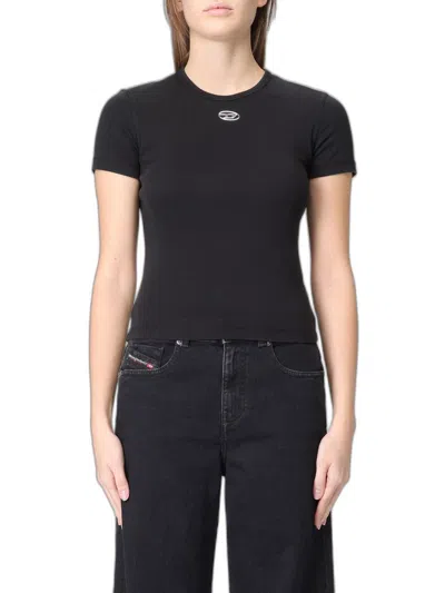 Diesel Ribbed Texture Logo Detail Crew Neck T-shirt For Women In Black
