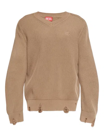 Diesel Ribbed V-neck Sweater In Brown