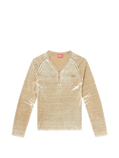 Diesel Long Sleeve Ribbed Knit V Neck Top In Yellow