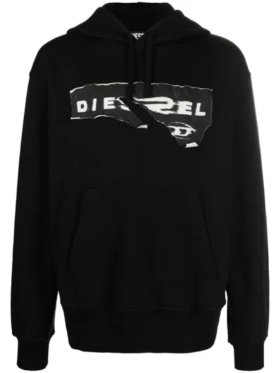 Diesel Ripped Logo Print Hoodie In Black