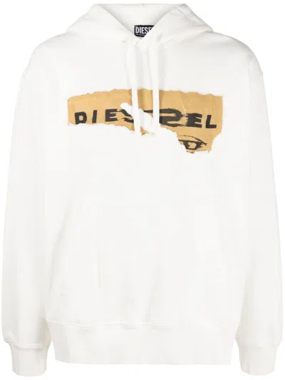 Diesel Ripped Logo Print Hoodie In White