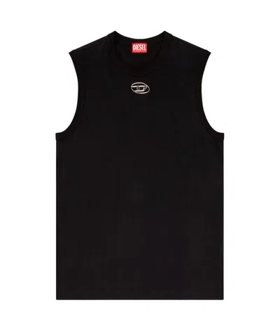 Diesel T-bisco-iod Black Sleeveless Top With Logo Detail On The Front In Cotton Man In Metallic