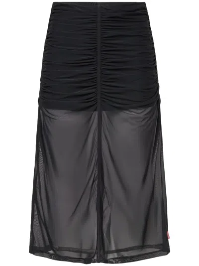 Diesel Ruched Black Skirt With Semi-sheer Overlay
