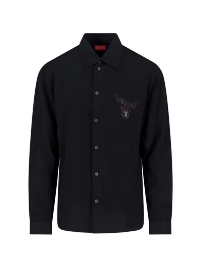 Diesel Long Sleeve Shirt Casual Embroidered Detail In Black