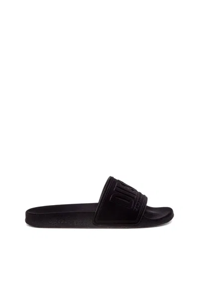 Diesel Sa-mayemi-pool Slides With Velvety Flocking In Black