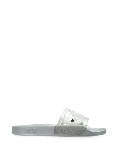Diesel Sa-clyde Glitter-effect Logo-plaque Slides In Gray