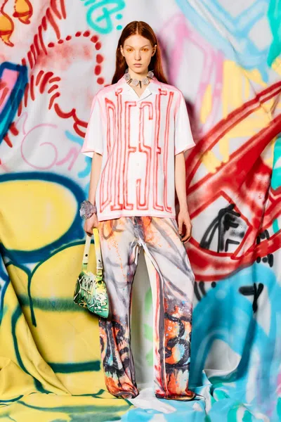 Diesel Satin Bowling Shirt With Graffiti Logo In Multicolor