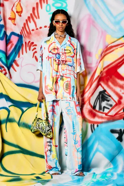 Diesel Satin Bowling Shirt With Graffiti Print In Blue