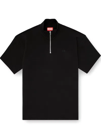 Diesel Relaxed Fit Short-sleeve Half-zip Sweatshirt With Ribbed Collar In Black