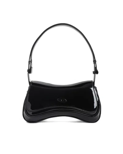 Diesel Sculpted Patent Shoulder Bag With Adjustable Strap In Black