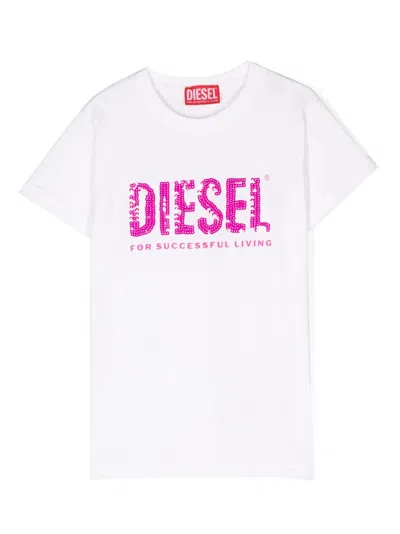 Diesel Sequin-logo Cotton T.shirt In Weiss