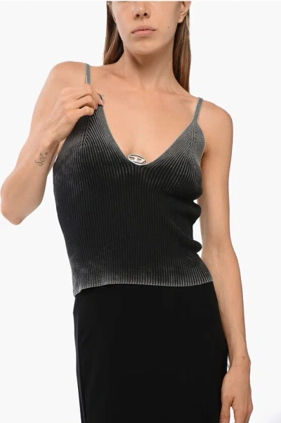 Diesel Shaded Effect Ribbed M-laila Top With Deep V-neckline In Gray