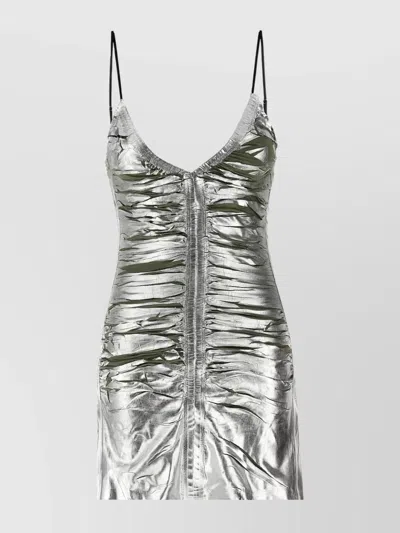 Diesel Shimmering Metallic Ruched V-neck Dress In Silver