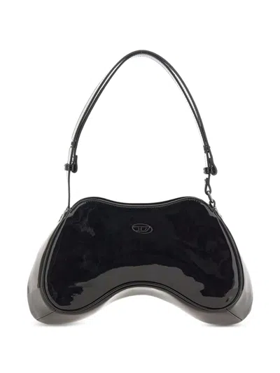 Diesel Shiny Mini Shoulder Handbag With Oval D Logo Zip Closure In Nero