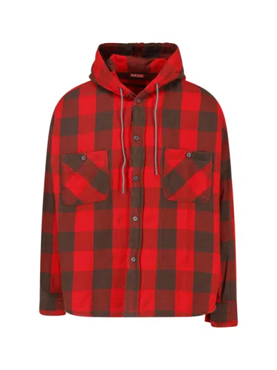 Diesel Checkered Hooded Button-up Chest Pockets Casual Shirt In Red
