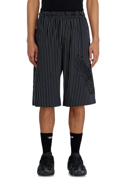 Diesel Pinstriped Phoenix-embroidered Shorts In Black