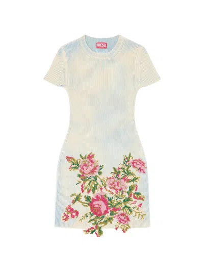 Diesel Short Dress In Floral Wool-blend Knit In Neutral