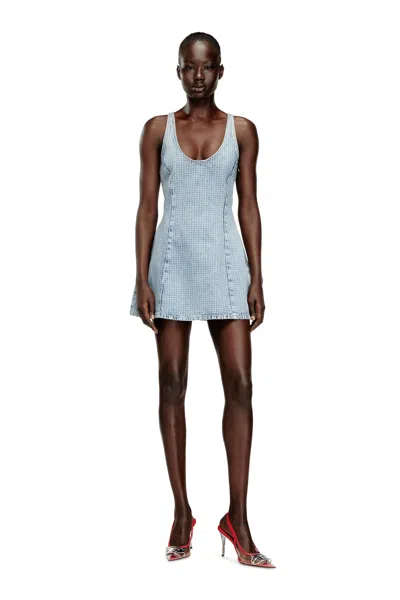 Diesel Short Dress In Houndstooth Denim With Crystals In Blue