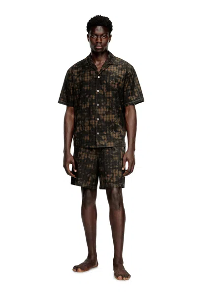 Diesel Short Pyjamas In Cloudy-print Check Cotton In Green