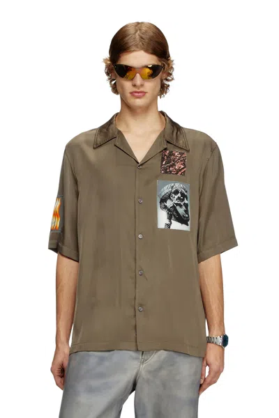 Diesel Short-sleeve Satin Shirt With Patches In Green