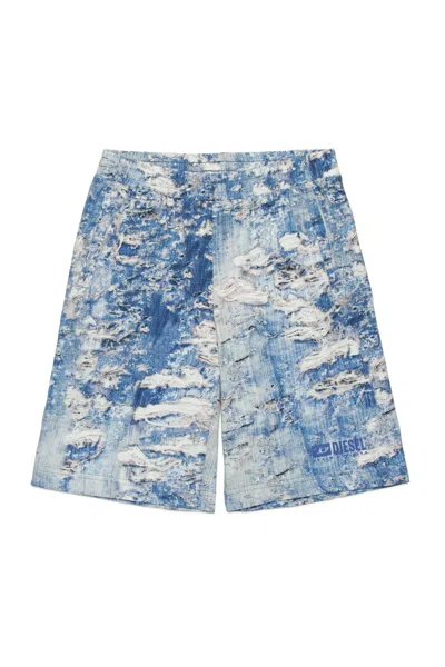 Diesel Kids' Shorts With Ripped Denim Effect Print In Blue
