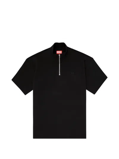 Diesel Relaxed Fit Short-sleeve Half-zip Sweatshirt With Ribbed Collar In Black