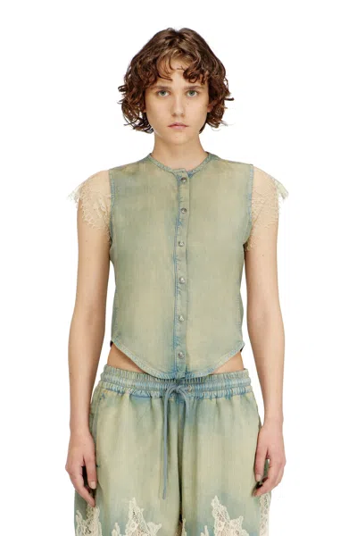 Diesel Short-sleeve Shirt In Denim And Lace In Green