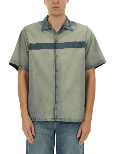 Diesel Short-sleeved Relaxed Fit Shirt With Contrasting Stripe In Blue