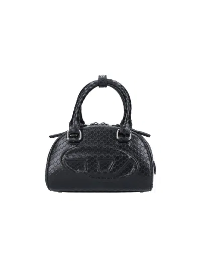 Diesel 1dr Dome-mini Bowling Bag In Snake-effect Leather In Black
