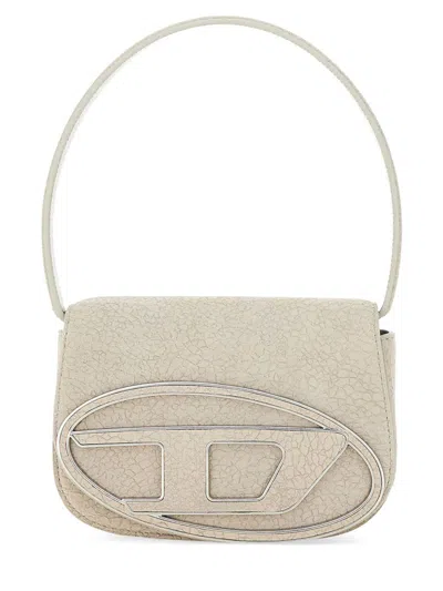 Diesel '1dr' White Shoulder Bag With Oval D Logo Patch On The Front And Cracked Effect