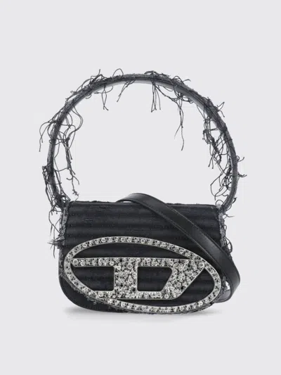 Diesel 1dr Black Shoulder Bag With Oval D Plaque With Rhinestones And Fringed Edges In Cotton And Leather B