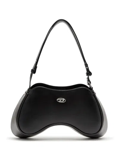 Diesel Play-semi Gloss Leather Shoulder Bag In Black