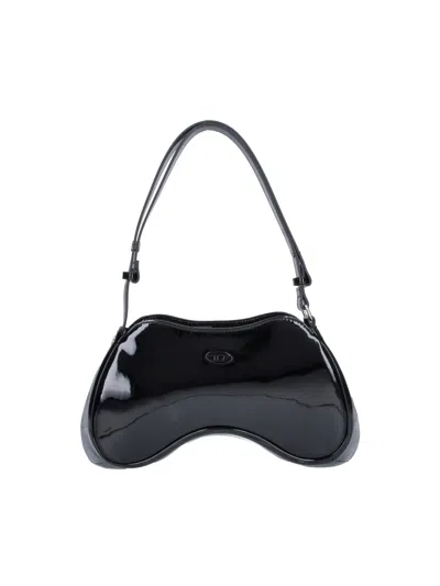 Diesel Shiny Mini Shoulder Handbag With Oval D Logo Zip Closure In Nero
