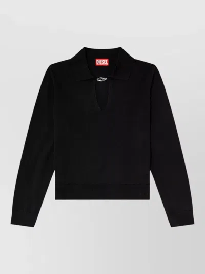 Diesel Silk Blend Long Sleeve Ribbed Polo Shirt In Black