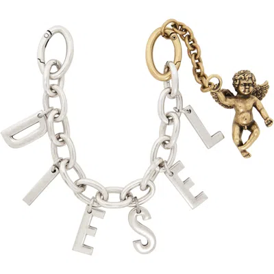 Diesel Silver & Gold Metal Letter Charm Cherub Keychain In White