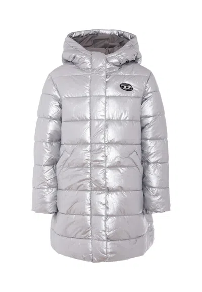 Diesel Kids' Silver Down Jacket For Girl With Logo In Metallic