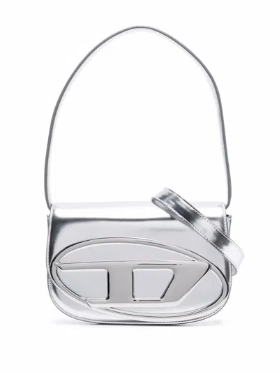 DIESEL SILVER LOGO LEATHER SHOULDER BAG