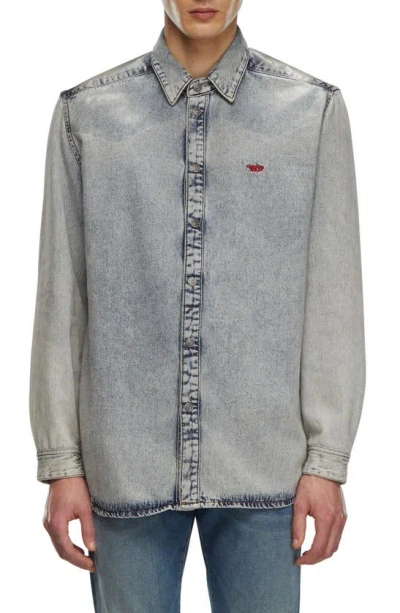 Diesel Stretch Denim Shirt With Coated Yoke In Blue