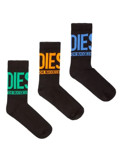 Diesel Skm-ray Cushioned Logo Crew Socks (pack Of Three) In Black